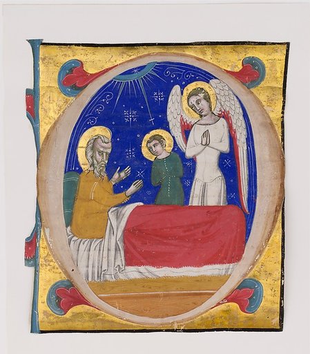 Manuscript Illumination with Tobit, Tobias, and the Archangel Raphael in an Initial O, from an Antiphonary