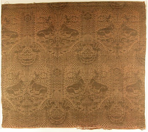 Textile Fragment with Recumbent Harts, Eagles, Clouds, and Sunrays