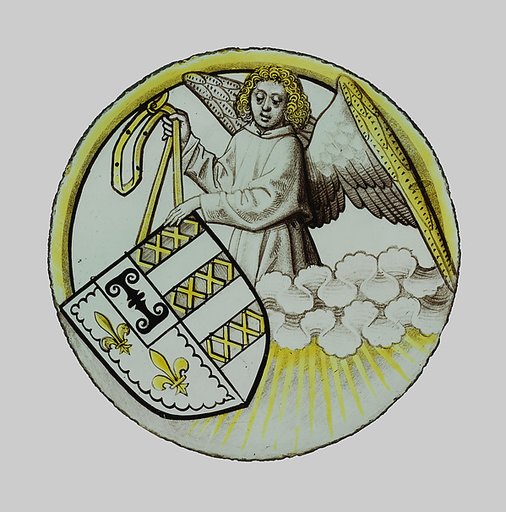 Roundel with Angel Supporting a Heraldic Shield