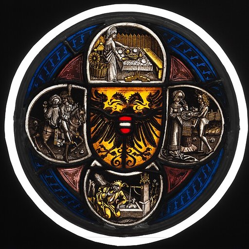 Quatrefoil Roundel with Arms and Secular Scenes
