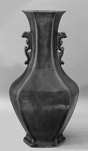 Hexagonal vase with stylized phoenix handles