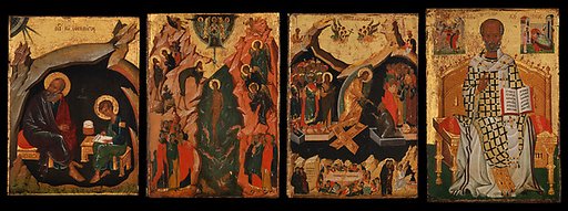 Four Icons from a Pair of Doors (Panels), possibly part of a Polyptych: John the Theologian and Prochoros, the Baptism (Epiphany), Harrowing of Hell (Anastasis), and Saint Nicholas