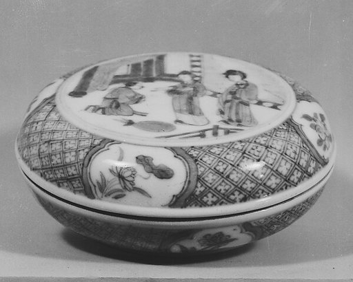Covered box with narrative scene