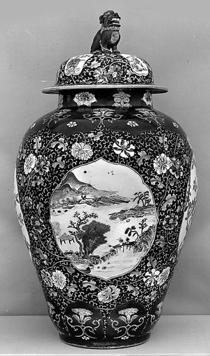 Covered jar with landscape and flowers