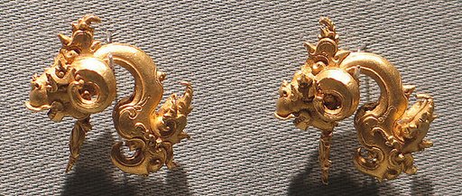 Pair of Ear Ornaments with Ram's Head Motif