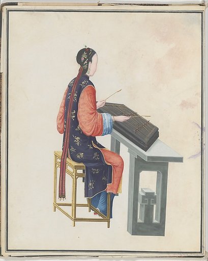 Watercolor of musician playing yangqin