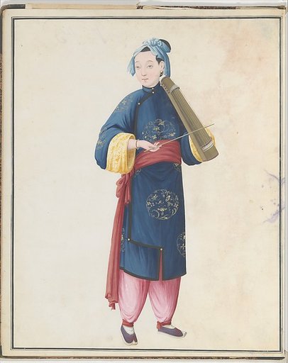 Watercolor of musician playing yazheng with rosened bow