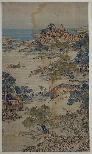 Fishermen, women, and children in a landscape
