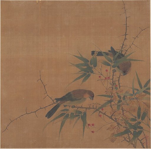 Bamboo Branch with Berries and Birds