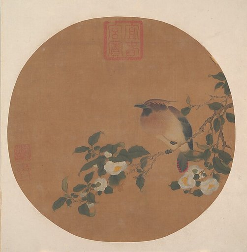 Branch of Tree with Flowers and Bird of Waxwing Family