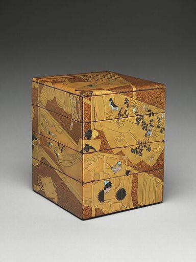 Stacked Food Box (Jūbako) with “Whose Sleeves?” (Tagasode) Design