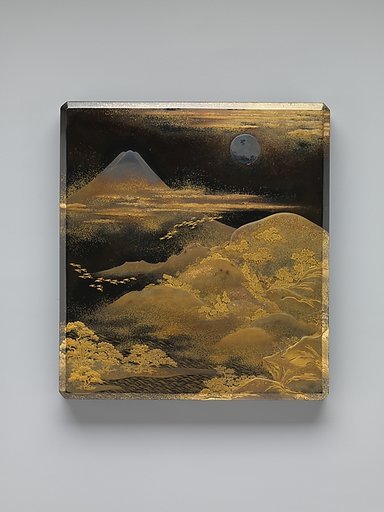 Box for Inkstone and Writing Implements (Suzuribako) with Geese against Mount Fuji in Moonlight and (inner lid) with Plovers by the Seashore
