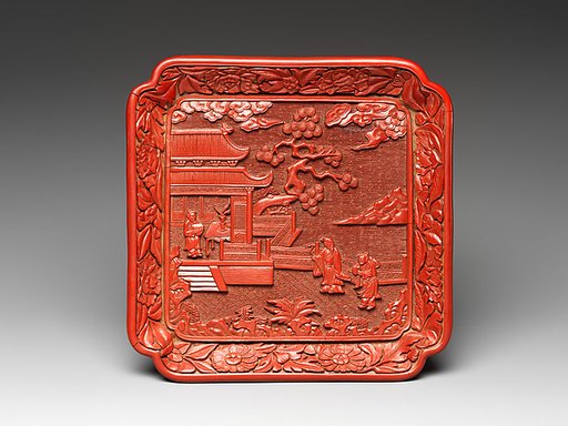 Square dish with figures in a garden