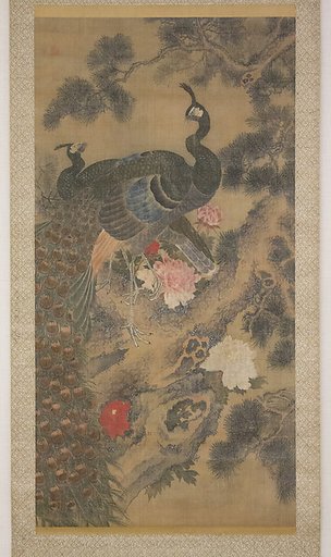 Peacocks, Pine Tree, and Peonies