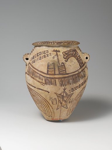 Decorated ware jar illustrating boats and trees
