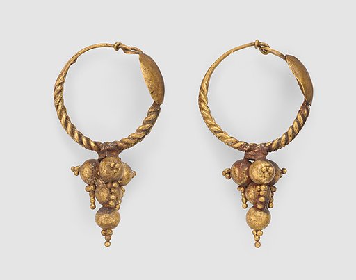 Hoop earrings with disk and with conical pendant of balls and granules