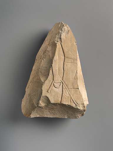 Raised relief fragment of a man bringing a leashed animal