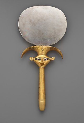 Mirror with a papyrus-shaped handle displaying a Bat-like face