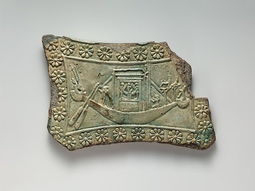 Model tambourine with rosette border, Bastet on one side, her boat with naos on the other