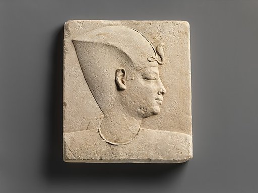 Relief of king's head in blue crown, head of child god on opposite side