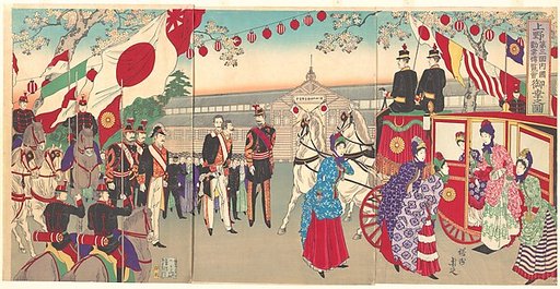 Visit of the Empress to the Third National Industrial Promotional Exhibition at Ueno Park  (Ueno dai sankai  naikoku kangyō hakuran kai gyokō no zu)