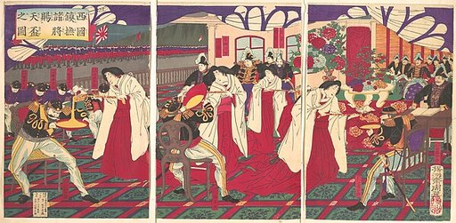 Illustration of the Commanders who Pacified Western Japan, Receiving the Emperor's Gift Cups (Saigoku chinbu shoshō tenpai o tamau no zu)