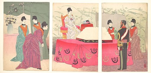 Illustration of the  Empress Visiting the General Staff Headquarters [to present a tray of bandages]  (Sanbō honbu gyōkei no zu)