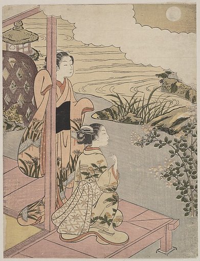 Two Girls on a Veranda beside a Stream with the Moon