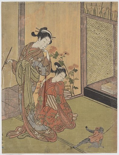 Two Girls Looking at a Monkey on a Leash