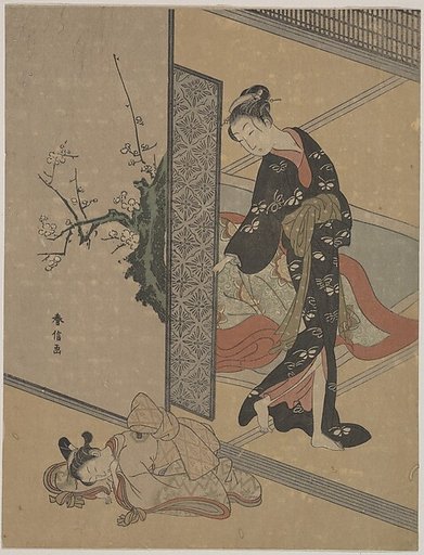 Young Lady Looking through Door at Her Kamuro (Little Servant) who is Asleep on the Floor