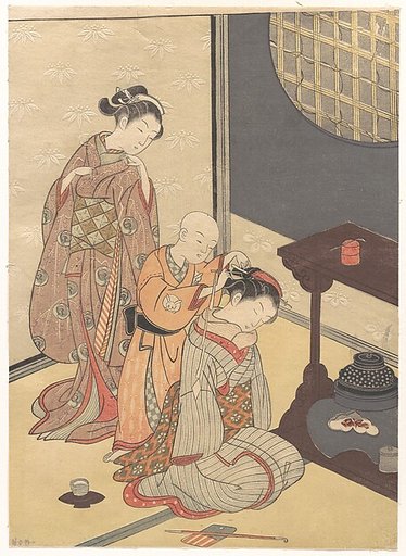 Night Rain at the Double-Shelf Stand, from the series Eight Parlor Views (Zashiki hakkei)