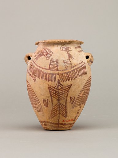 Decorated ware jar depicting boats and plants