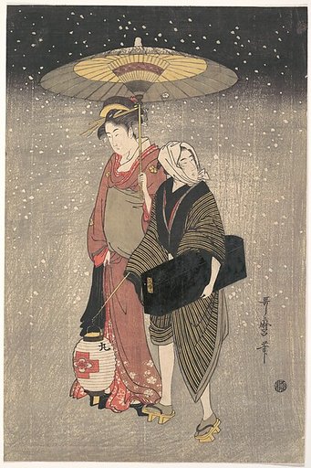 Geisha Walking through the Snow at Night