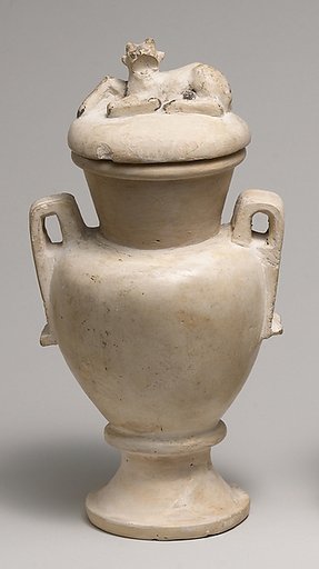 Two Handled Jar and Lid decorated with a Resting Ibix Calf