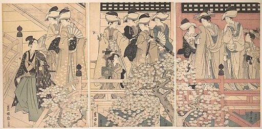 Beauties on a Veranda among Cherry Blossoms from which a Samurai is Departing
