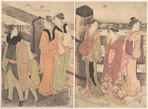 A Group of Women, One Man and a Boy on a Bridge