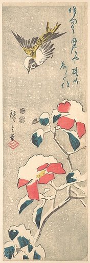 Sparrow and Snow-covered Camellia (Tsubaki)