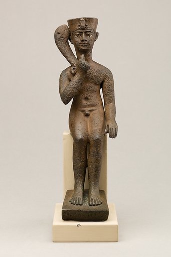 Seated Harpokrates with the crown of Amun, named as "Harpokrates-the-great, the eldest, the first of Amun"