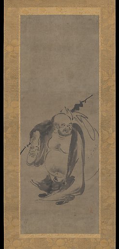 Hotei, flanked by panels of birds