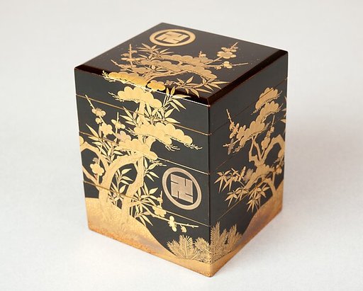 Tiered Incense Box (Jūkōgō) with Family Crest, Pine, Bamboo, and Plum