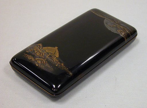 Writing Box with Design of Rustic Shelter and Clouds with Moon (cover), the Poet Saigyō Resting (inside)