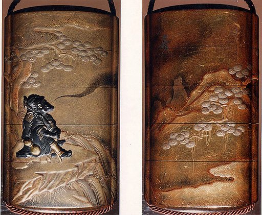 Case (Inrō) with Design of Sage Seated on Rocks beside a Tree, Exhaling His Spirit (obverse); His Spirit Walking on Air (reverse)