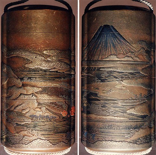 Case (Inrō) with Design of Mount Fuji seen above Rice Fields (obverse);  Pines and Cloud Bands in Autumn (reverse)