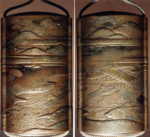 Case (Inrō) with Design of Persons Steering Wood Rafts on River in Mountain Landscape