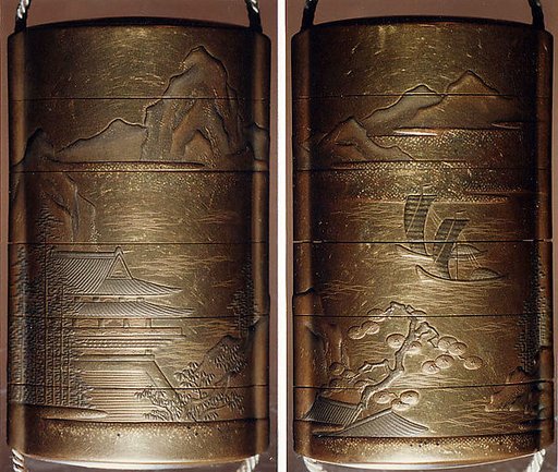 Case (Inrō) with Design of Chinese-Style Buildings in a Mountain Landscape (obverse); Boats on Waves in a Mountain Landscape (reverse)