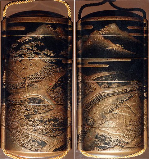 Case (Inrō) with Design of Thatched Farm Buildings in Fields and Mountain Landscape with Cloud Bands
