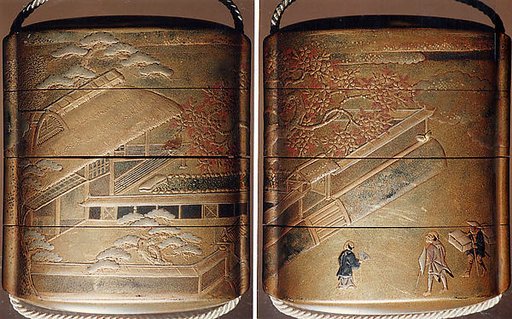 Case (Inrō) with Design of Persons Outside Building and Wall (obverse); With Flowering Cherry Trees (reverse)