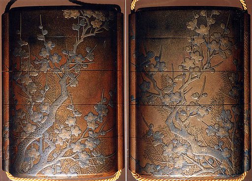 Case (Inrō) with Design of Young Pine Trees behind Flowering Plum Tree