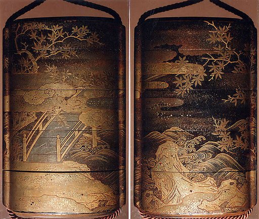 Case (Inrō) with Design of a Diagonal Bridge Seen among Clouds and Maple Branches (obverse); Rocks and Waves beneath Maple Trees and Clouds (reverse)