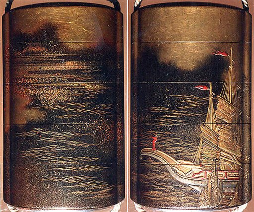 Case (Inrō) with Design of Waves and Clouds (obverse); Person Standing on Stern of Boat (reverse)